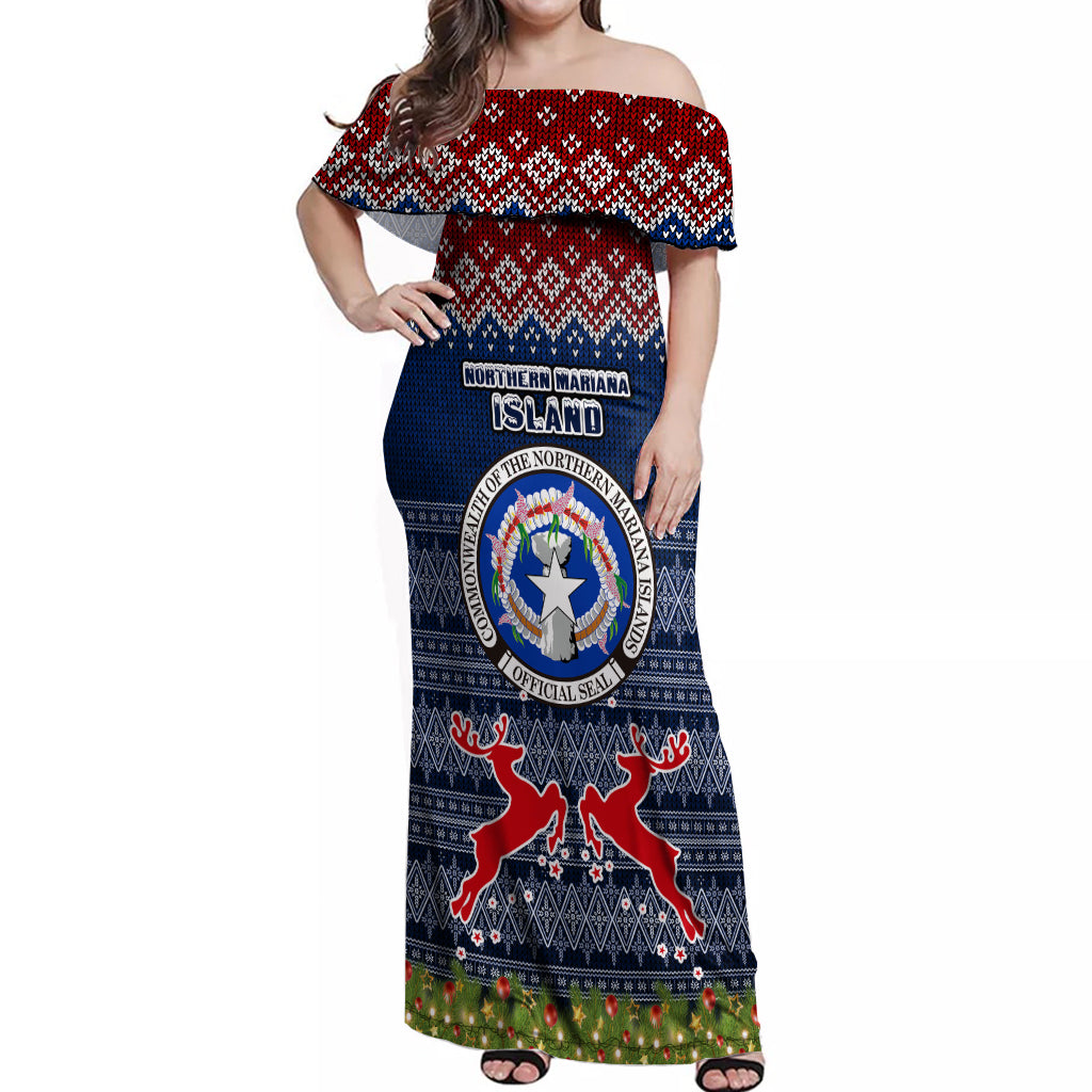 northern-mariana-islands-christmas-off-shoulder-maxi-dress-coat-of-arms-and-map-beautiful-merry-xmas-snowflake