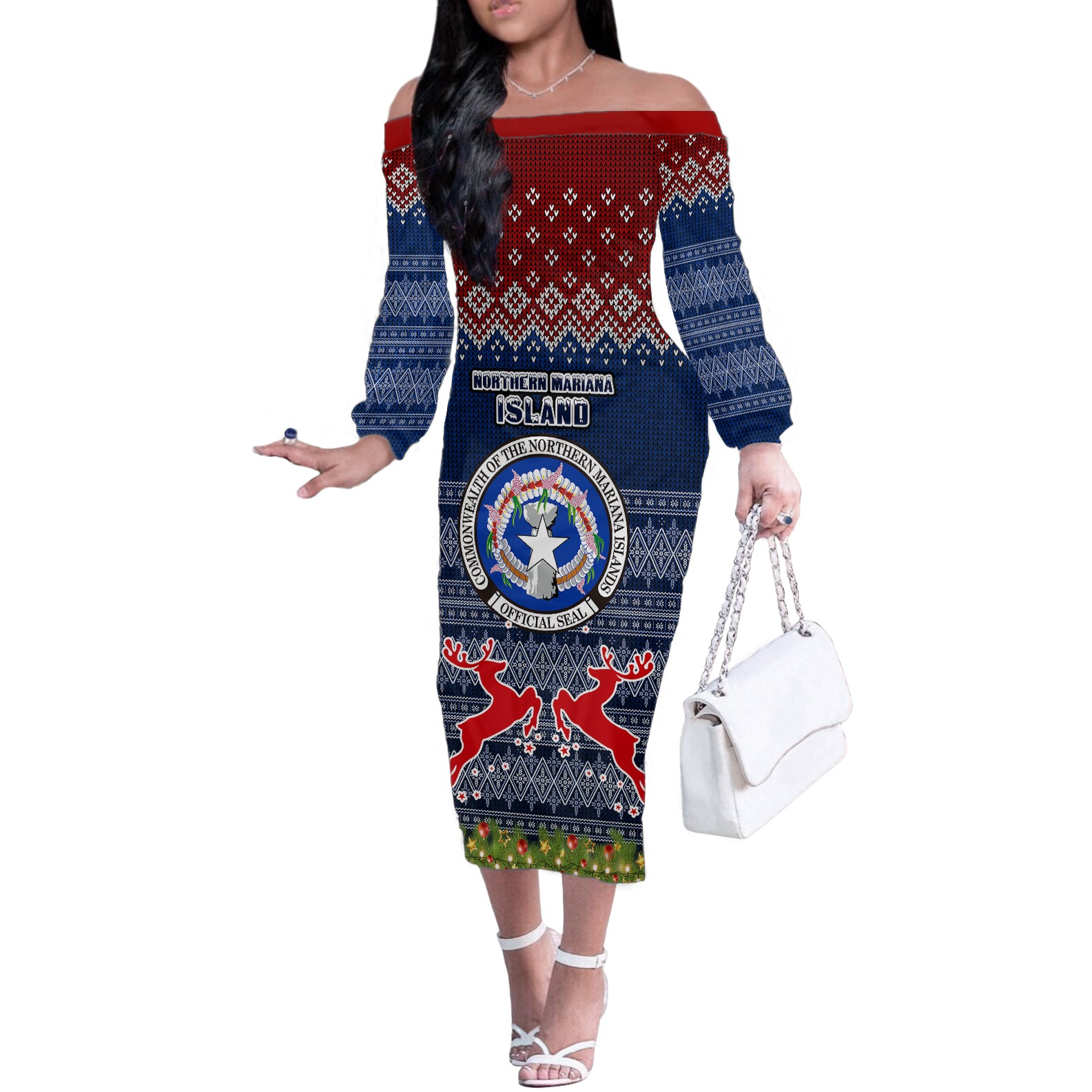 northern-mariana-islands-christmas-off-the-shoulder-long-sleeve-dress-coat-of-arms-and-map-beautiful-merry-xmas-snowflake