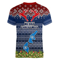 northern-mariana-islands-christmas-women-v-neck-t-shirt-coat-of-arms-and-map-beautiful-merry-xmas-snowflake