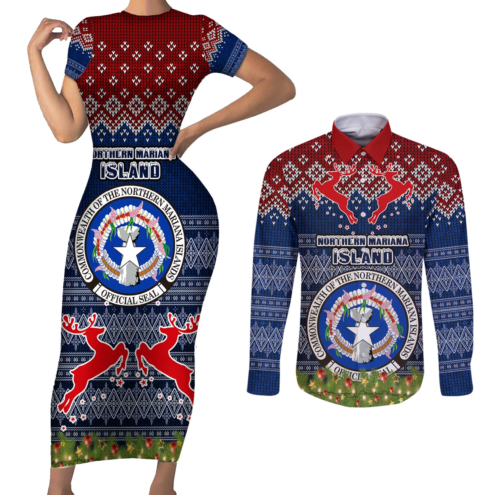 personalised-northern-mariana-islands-christmas-couples-matching-short-sleeve-bodycon-dress-and-long-sleeve-button-shirts-coat-of-arms-and-map-beautiful-merry-xmas-snowflake