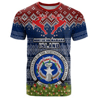 Personalised Northern Mariana Islands Christmas T Shirt Coat of Arms and Map Beautiful Merry Xmas Snowflake LT03 Blue - Polynesian Pride