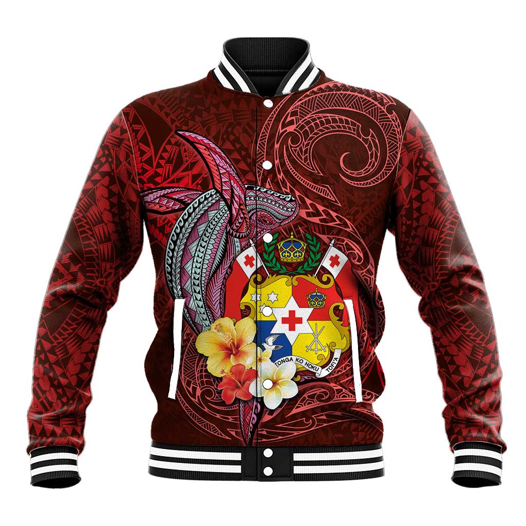 Tonga Humpback Whale Baseball Jacket National Seal with Hibiscus and Polynesian Tattoo