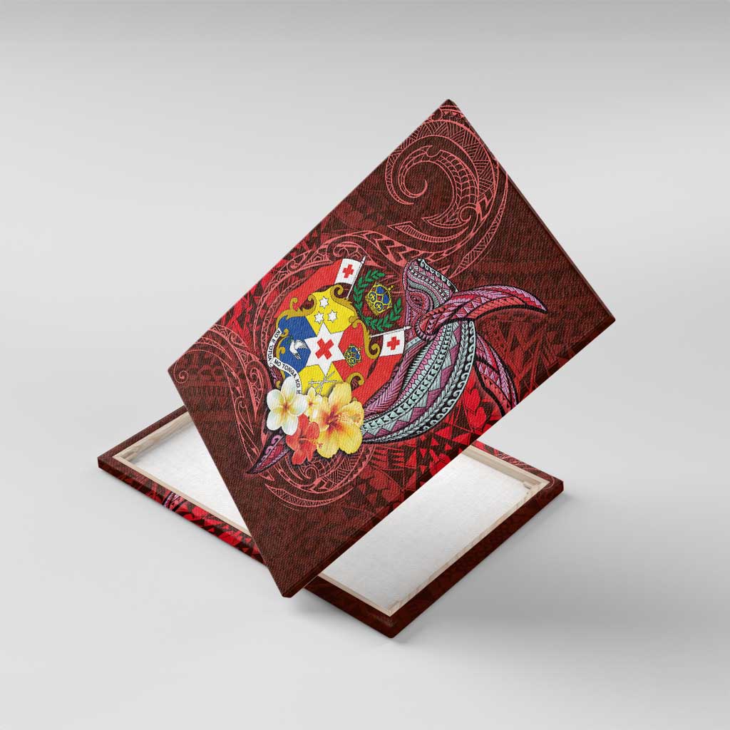 Tonga Humpback Whale Canvas Wall Art National Seal with Hibiscus and Polynesian Tattoo LT03 With Frame Red - Polynesian Pride