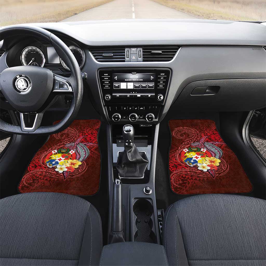 Tonga Humpback Whale Car Mats National Seal with Hibiscus and Polynesian Tattoo LT03 Set 2pcs - Front Red - Polynesian Pride