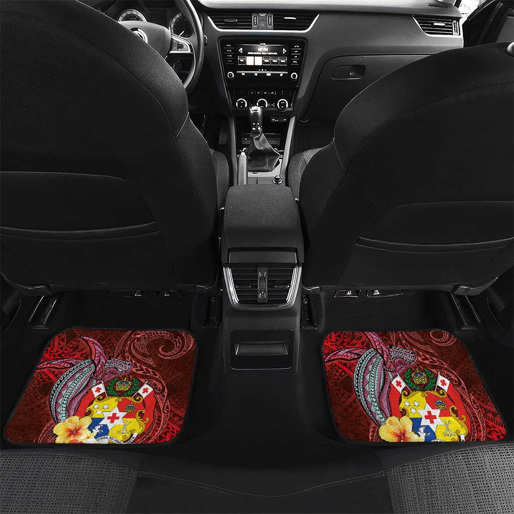 Tonga Humpback Whale Car Mats National Seal with Hibiscus and Polynesian Tattoo LT03 Set 2pcs - Back Red - Polynesian Pride