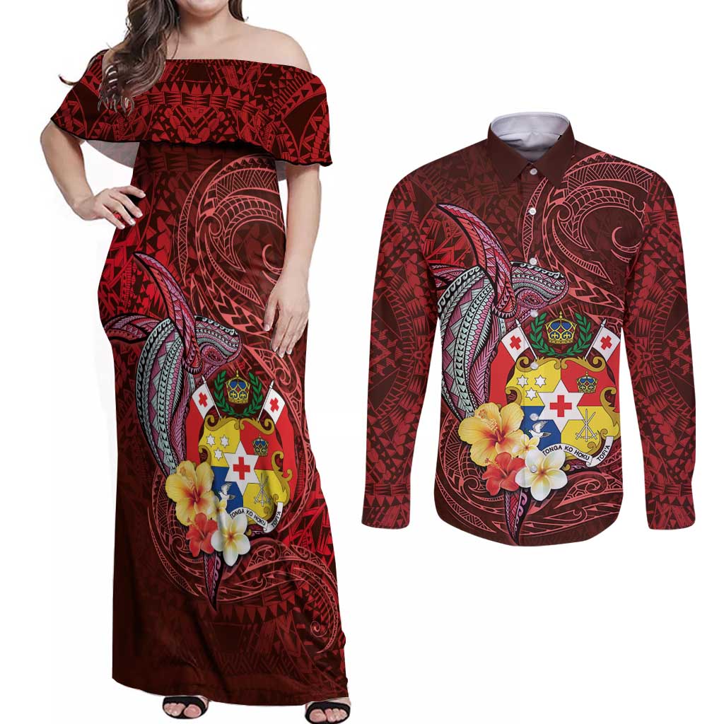 Tonga Humpback Whale Couples Matching Off Shoulder Maxi Dress and Long Sleeve Button Shirt National Seal with Hibiscus and Polynesian Tattoo