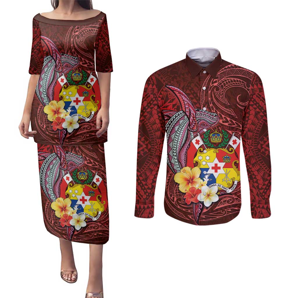 Tonga Humpback Whale Couples Matching Puletasi and Long Sleeve Button Shirt National Seal with Hibiscus and Polynesian Tattoo LT03 Red - Polynesian Pride