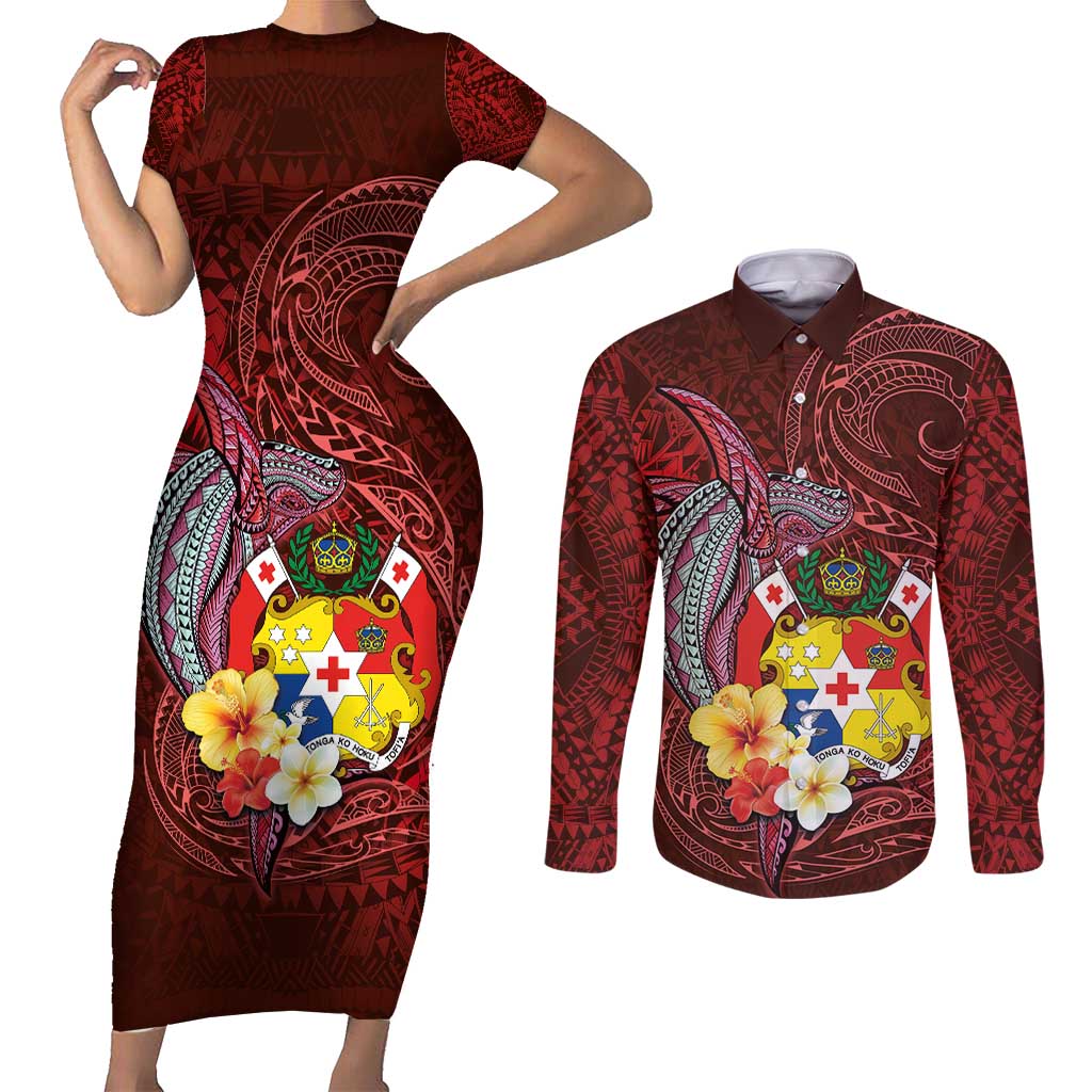 Tonga Humpback Whale Couples Matching Short Sleeve Bodycon Dress and Long Sleeve Button Shirt National Seal with Hibiscus and Polynesian Tattoo LT03 Red - Polynesian Pride