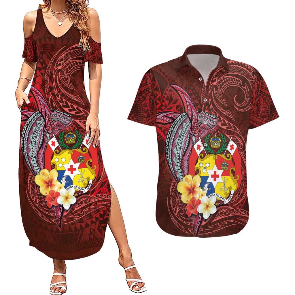 Tonga Humpback Whale Couples Matching Summer Maxi Dress and Hawaiian Shirt National Seal with Hibiscus and Polynesian Tattoo