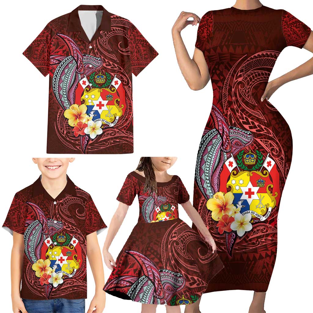 Tonga Humpback Whale Family Matching Short Sleeve Bodycon Dress and Hawaiian Shirt National Seal with Hibiscus and Polynesian Tattoo