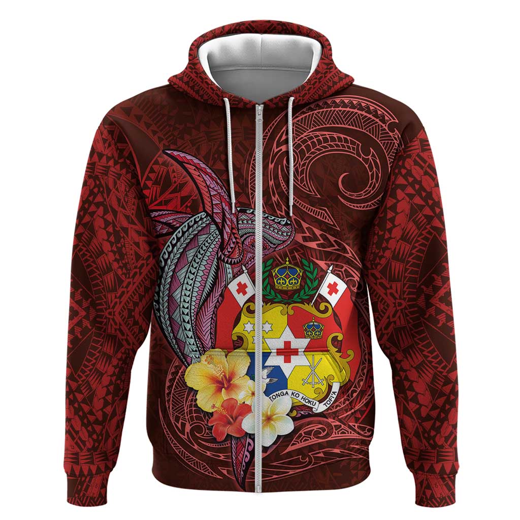 Tonga Humpback Whale Hoodie National Seal with Hibiscus and Polynesian Tattoo