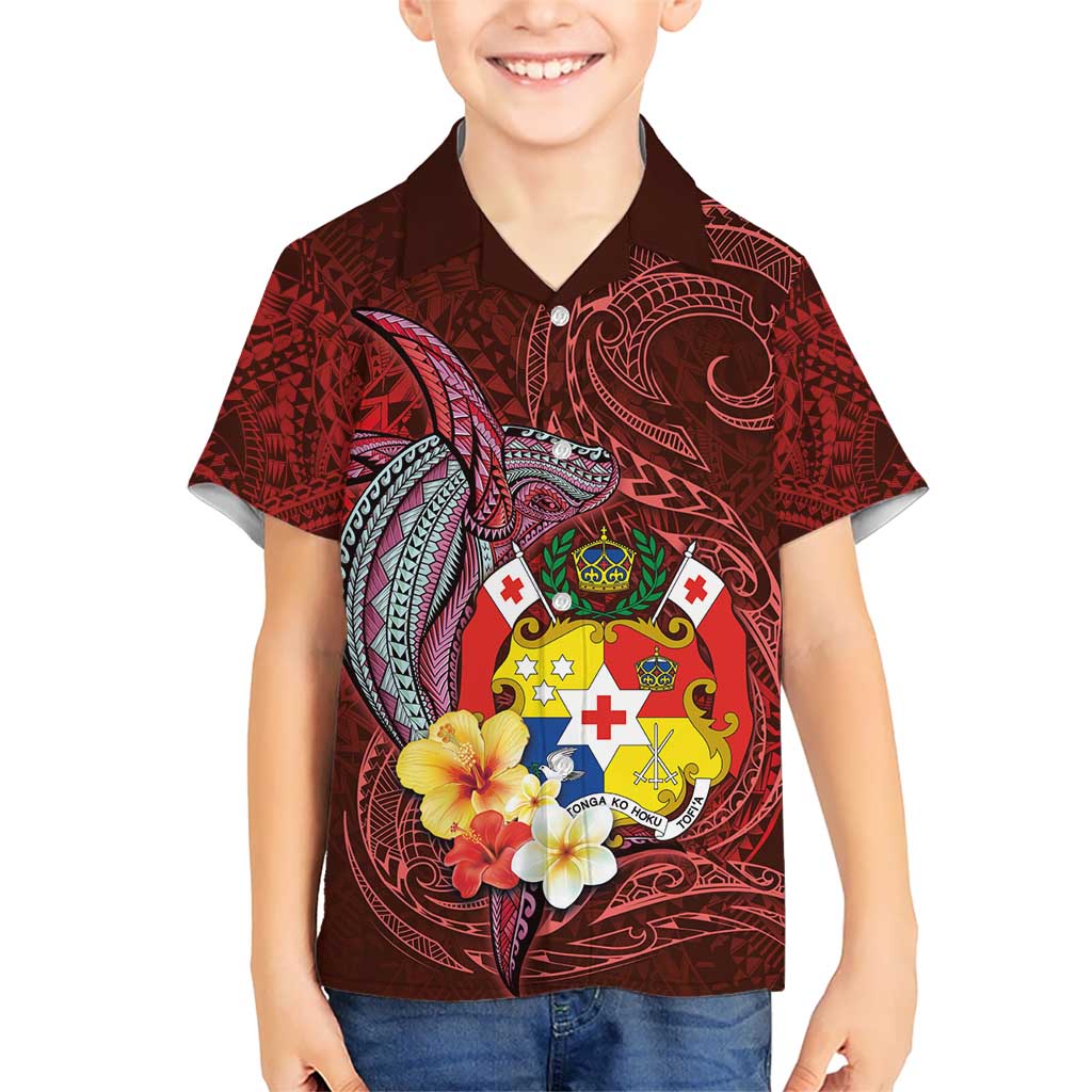 Tonga Humpback Whale Kid Hawaiian Shirt National Seal with Hibiscus and Polynesian Tattoo