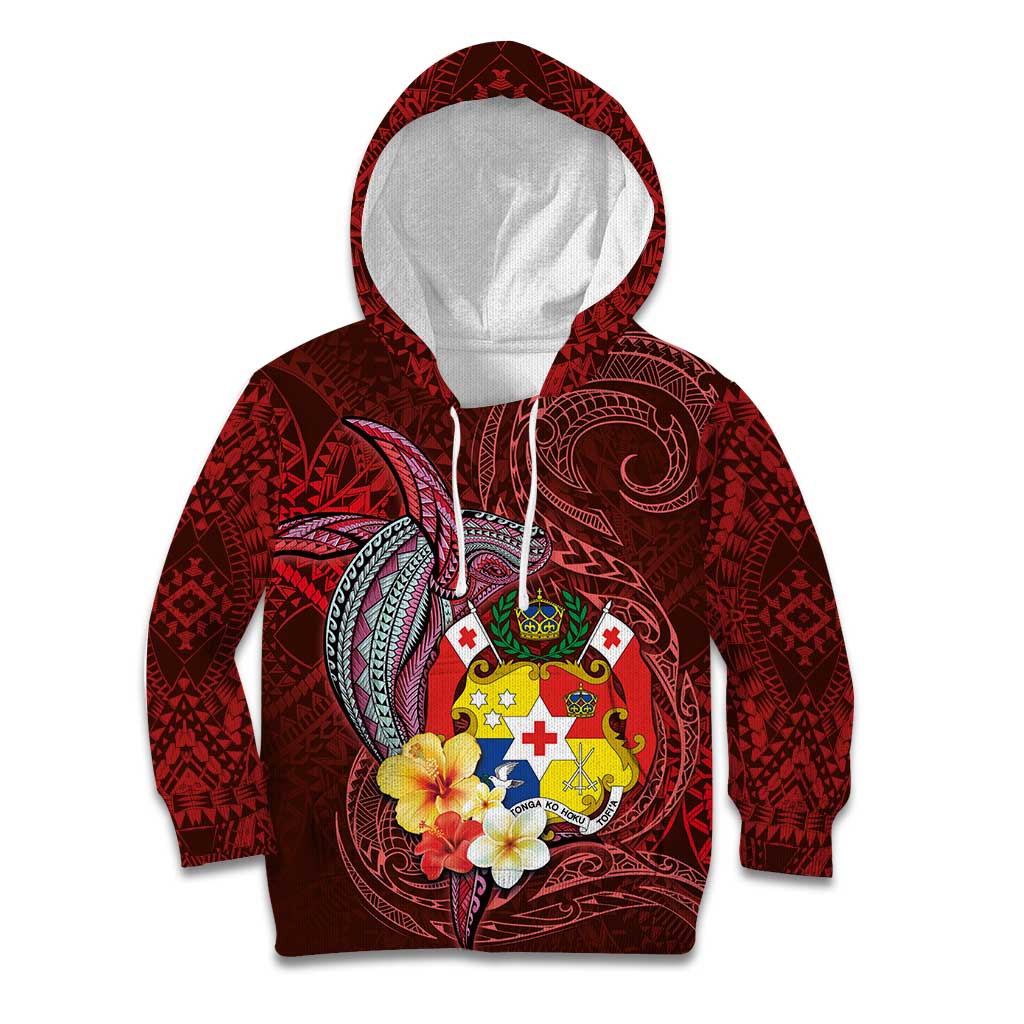 Tonga Humpback Whale Kid Hoodie National Seal with Hibiscus and Polynesian Tattoo