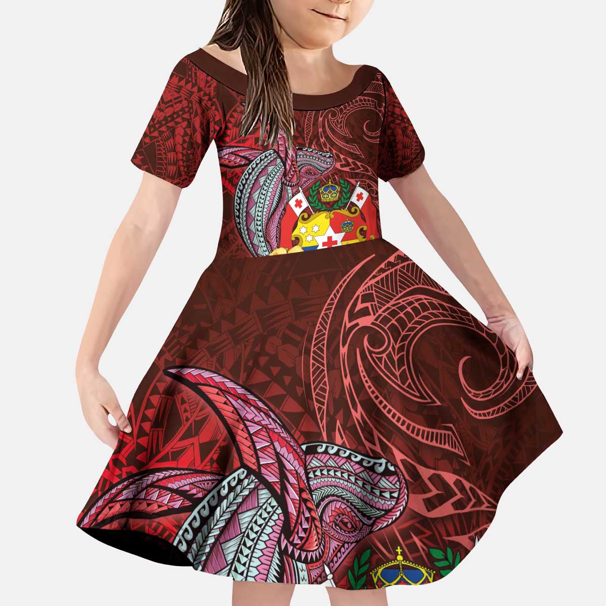 Tonga Humpback Whale Kid Short Sleeve Dress National Seal with Hibiscus and Polynesian Tattoo