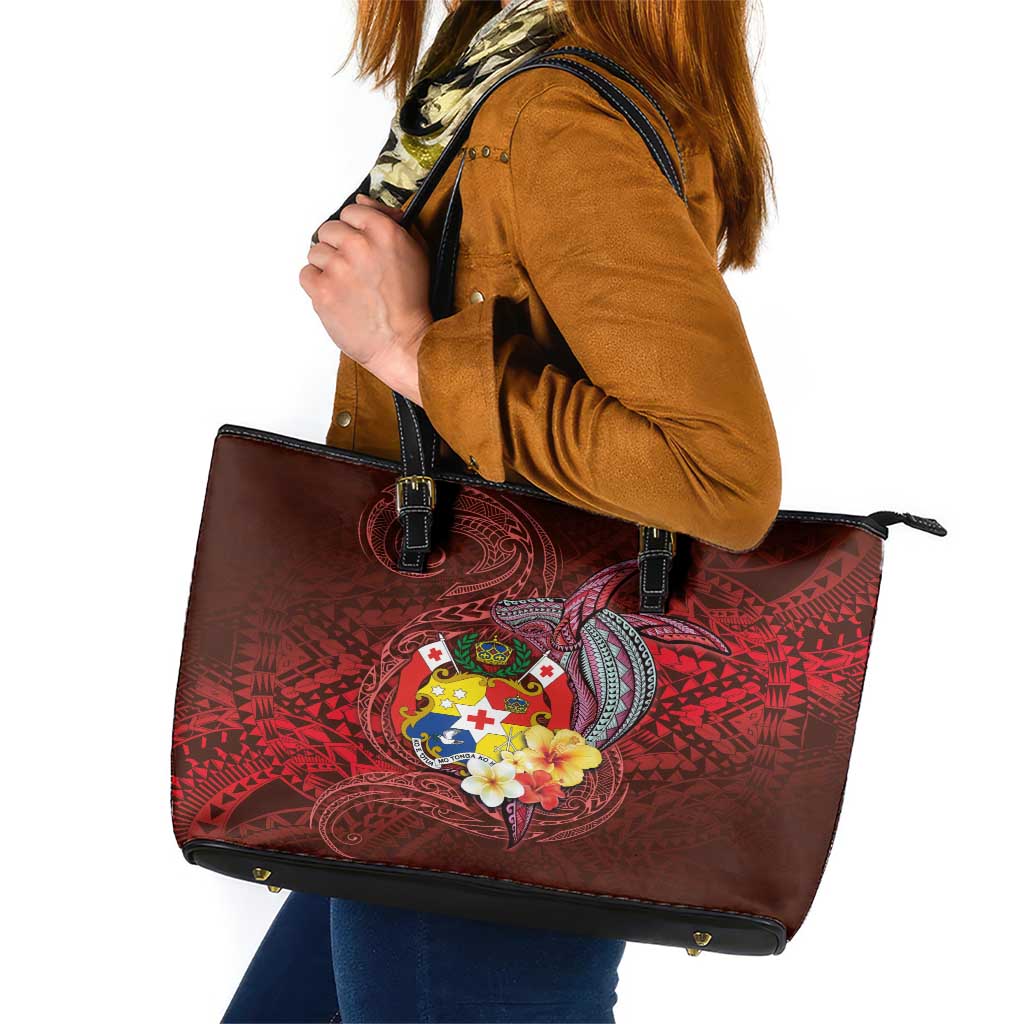 Tonga Humpback Whale Leather Tote Bag National Seal with Hibiscus and Polynesian Tattoo LT03 Red - Polynesian Pride