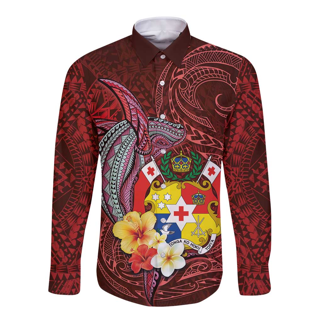 Tonga Humpback Whale Long Sleeve Button Shirt National Seal with Hibiscus and Polynesian Tattoo