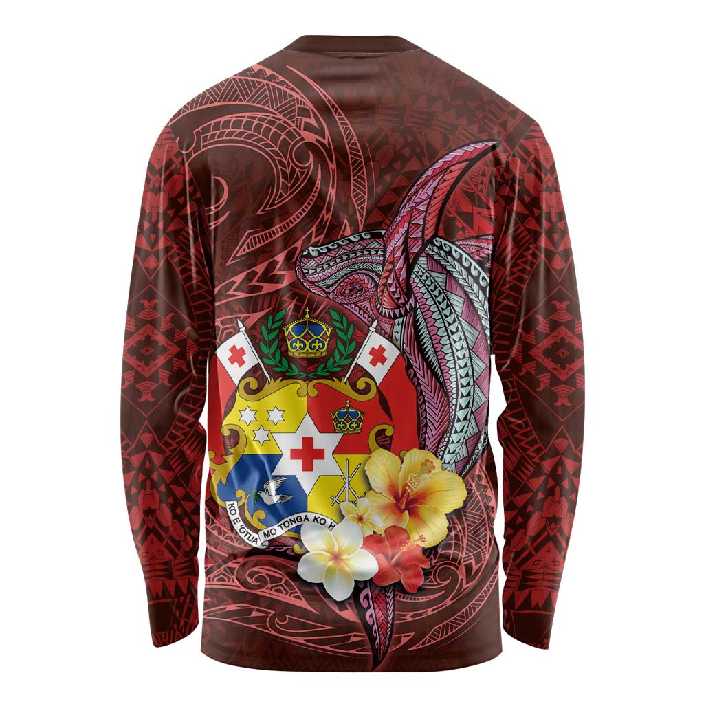 Tonga Humpback Whale Long Sleeve Shirt National Seal with Hibiscus and Polynesian Tattoo