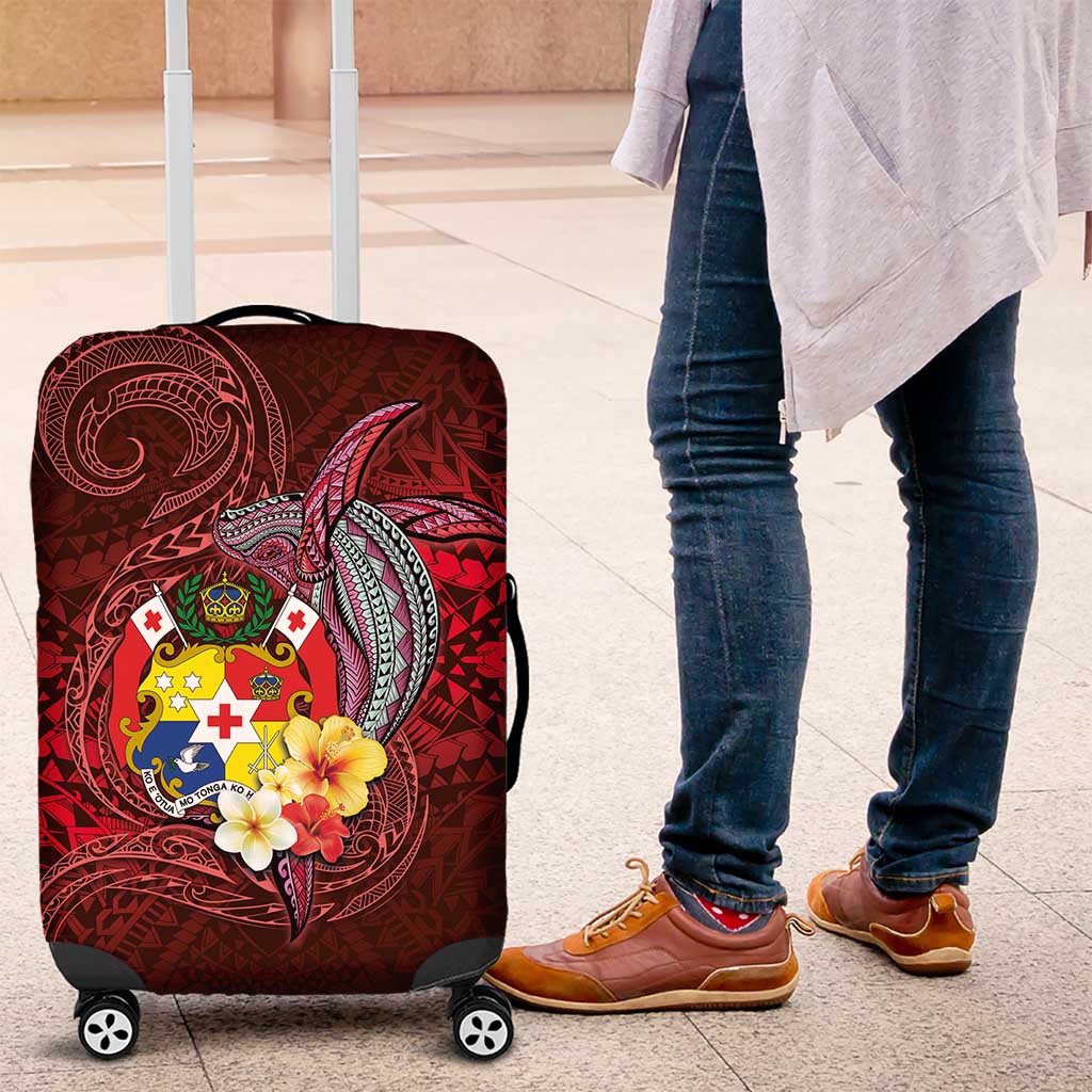 Tonga Humpback Whale Luggage Cover National Seal with Hibiscus and Polynesian Tattoo