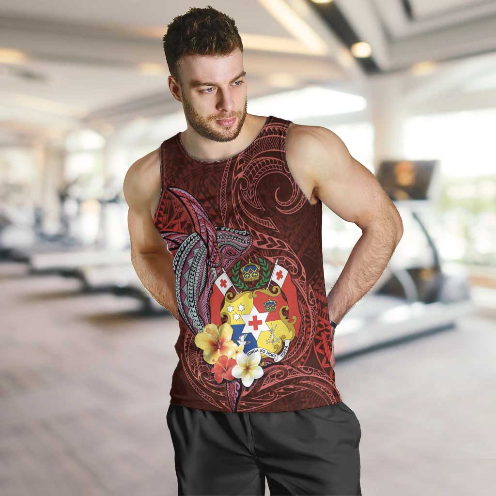 Tonga Humpback Whale Men Tank Top National Seal with Hibiscus and Polynesian Tattoo LT03 Red - Polynesian Pride