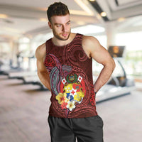 Tonga Humpback Whale Men Tank Top National Seal with Hibiscus and Polynesian Tattoo LT03 Red - Polynesian Pride
