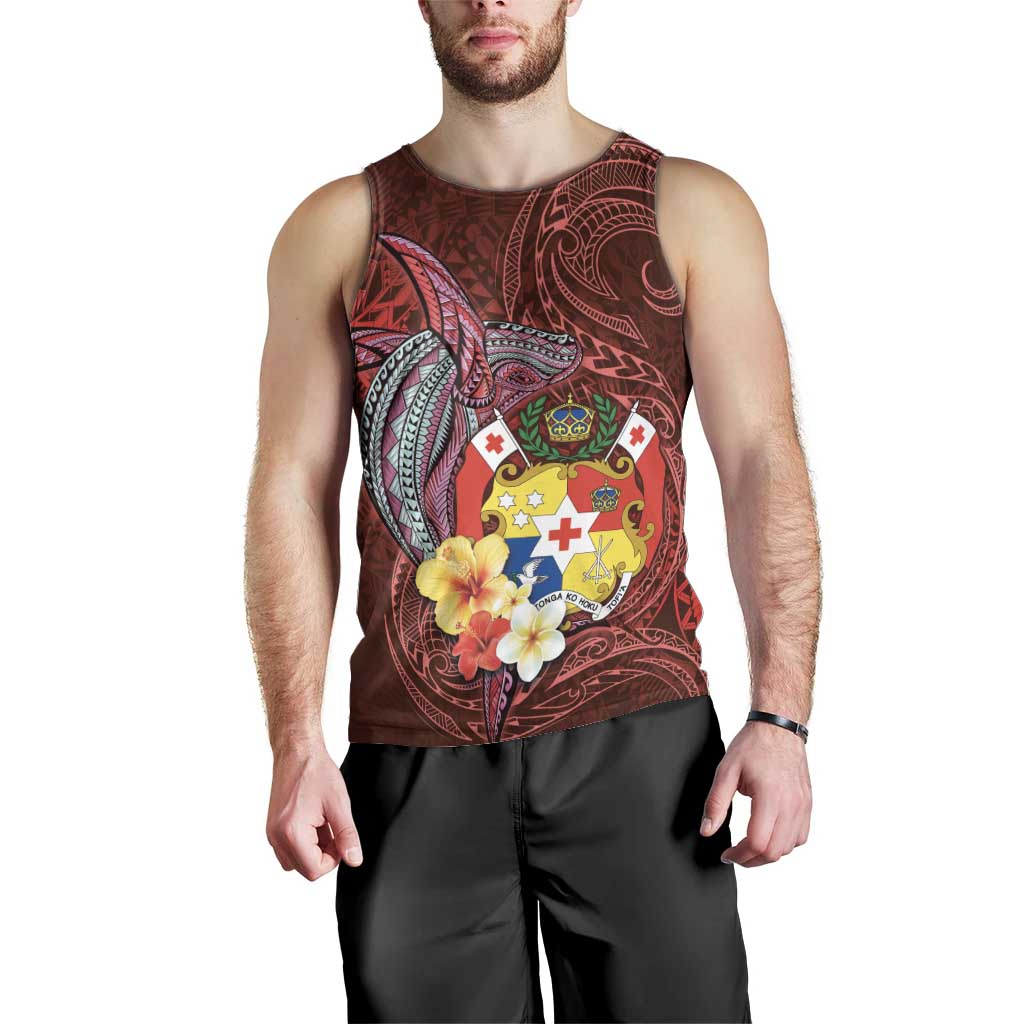 Tonga Humpback Whale Men Tank Top National Seal with Hibiscus and Polynesian Tattoo LT03 - Polynesian Pride