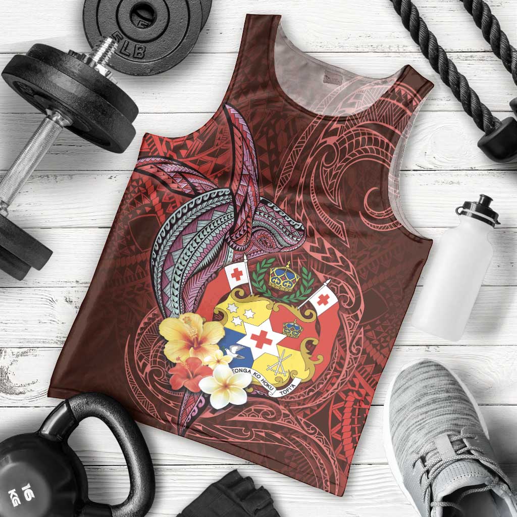 Tonga Humpback Whale Men Tank Top National Seal with Hibiscus and Polynesian Tattoo LT03 - Polynesian Pride