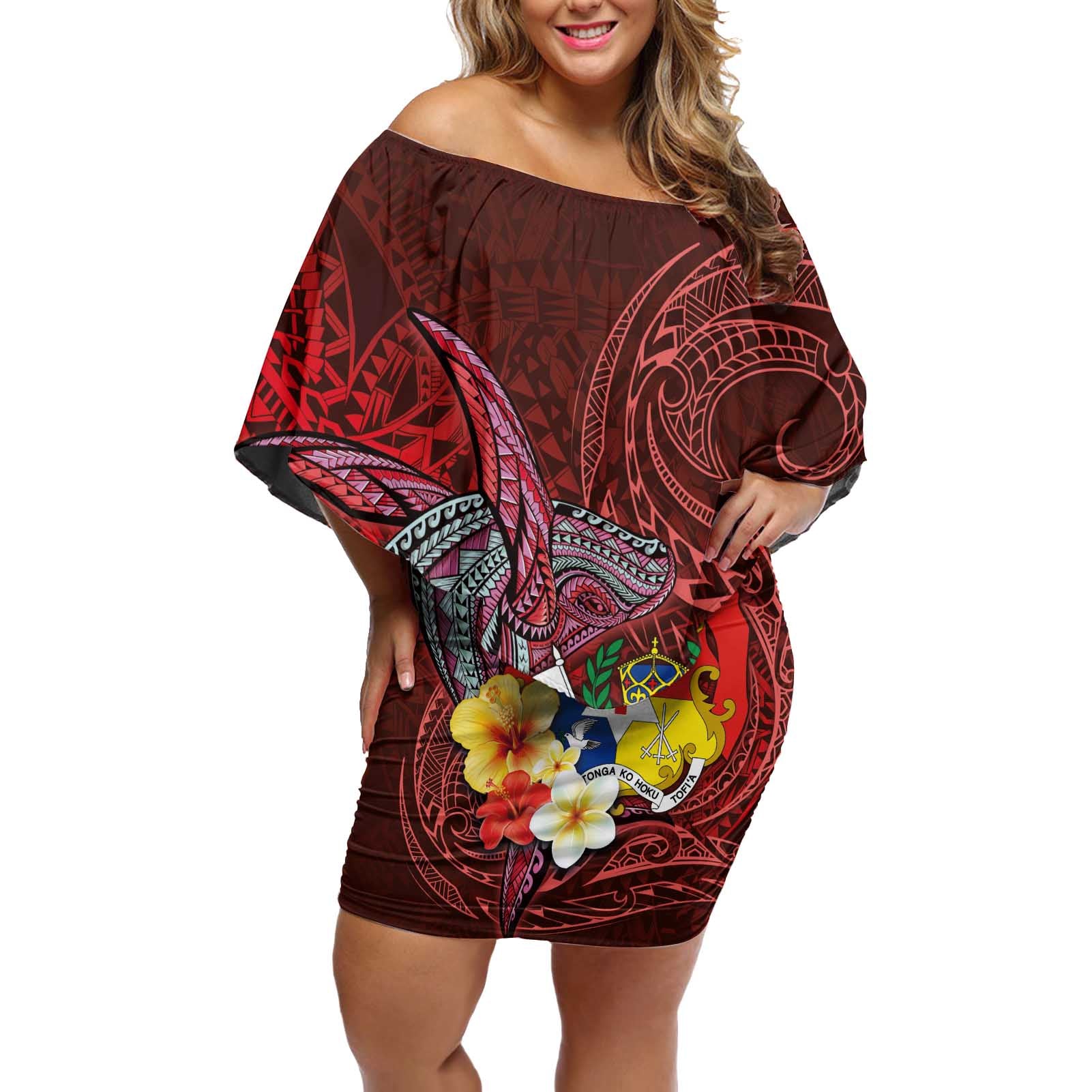 Tonga Humpback Whale Off Shoulder Short Dress National Seal with Hibiscus and Polynesian Tattoo