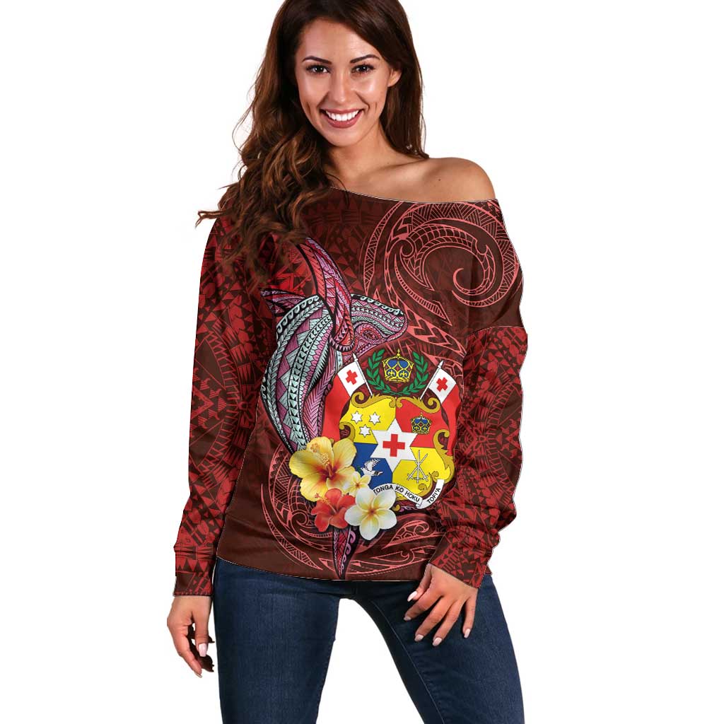 Tonga Humpback Whale Off Shoulder Sweater National Seal with Hibiscus and Polynesian Tattoo