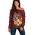 Tonga Humpback Whale Off Shoulder Sweater National Seal with Hibiscus and Polynesian Tattoo