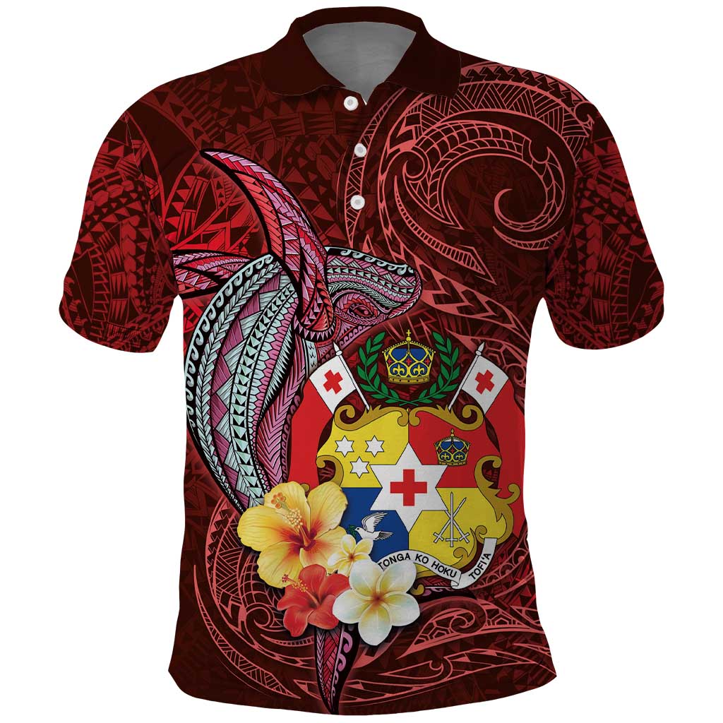 Tonga Humpback Whale Polo Shirt National Seal with Hibiscus and Polynesian Tattoo