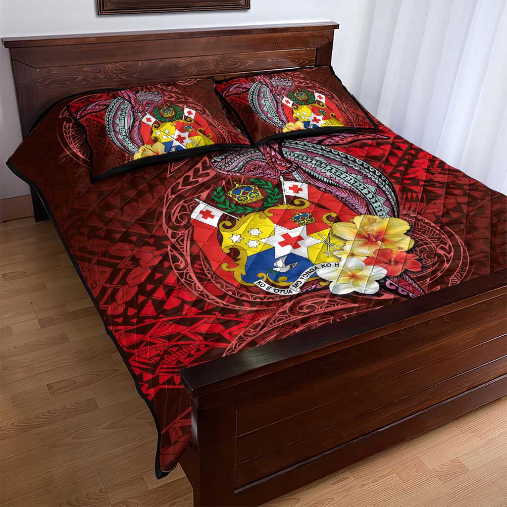 Tonga Humpback Whale Quilt Bed Set National Seal with Hibiscus and Polynesian Tattoo