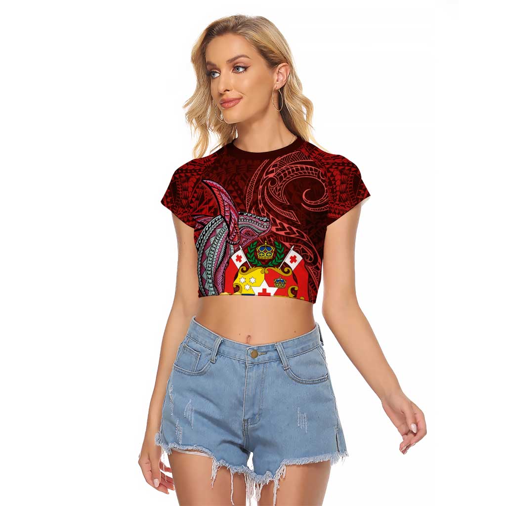 Tonga Humpback Whale Raglan Cropped T Shirt National Seal with Hibiscus and Polynesian Tattoo LT03 Female Red - Polynesian Pride