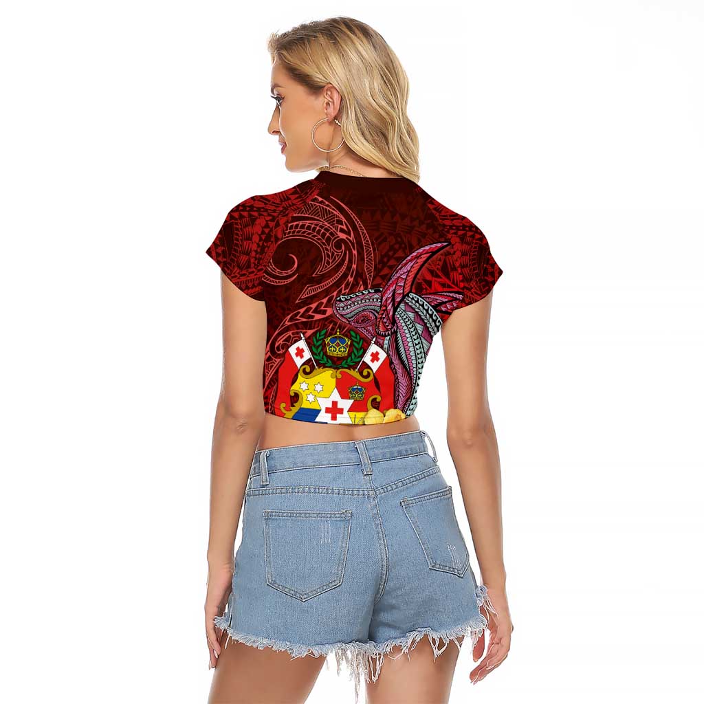 Tonga Humpback Whale Raglan Cropped T Shirt National Seal with Hibiscus and Polynesian Tattoo LT03 - Polynesian Pride