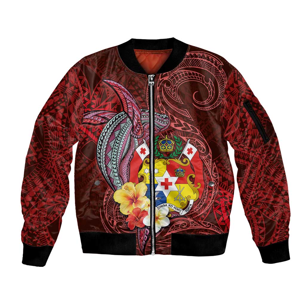 Tonga Humpback Whale Sleeve Zip Bomber Jacket National Seal with Hibiscus and Polynesian Tattoo