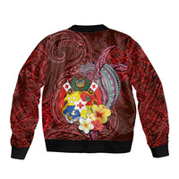 Tonga Humpback Whale Sleeve Zip Bomber Jacket National Seal with Hibiscus and Polynesian Tattoo