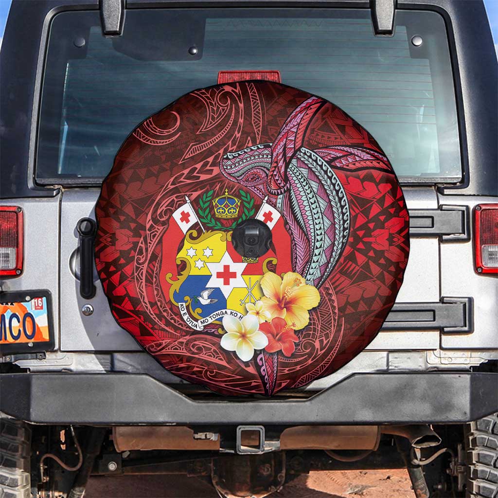 Tonga Humpback Whale Spare Tire Cover National Seal with Hibiscus and Polynesian Tattoo LT03 Red - Polynesian Pride
