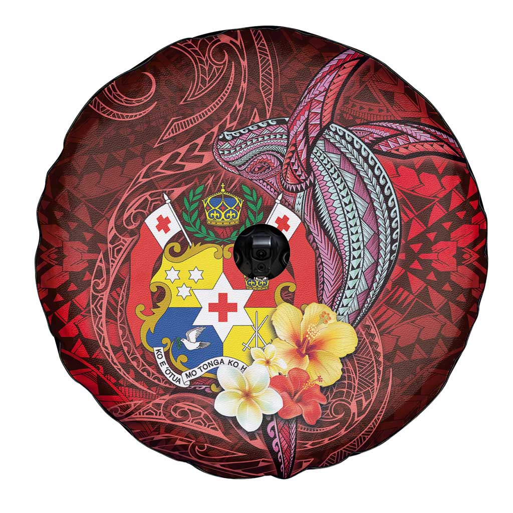 Tonga Humpback Whale Spare Tire Cover National Seal with Hibiscus and Polynesian Tattoo LT03 - Polynesian Pride