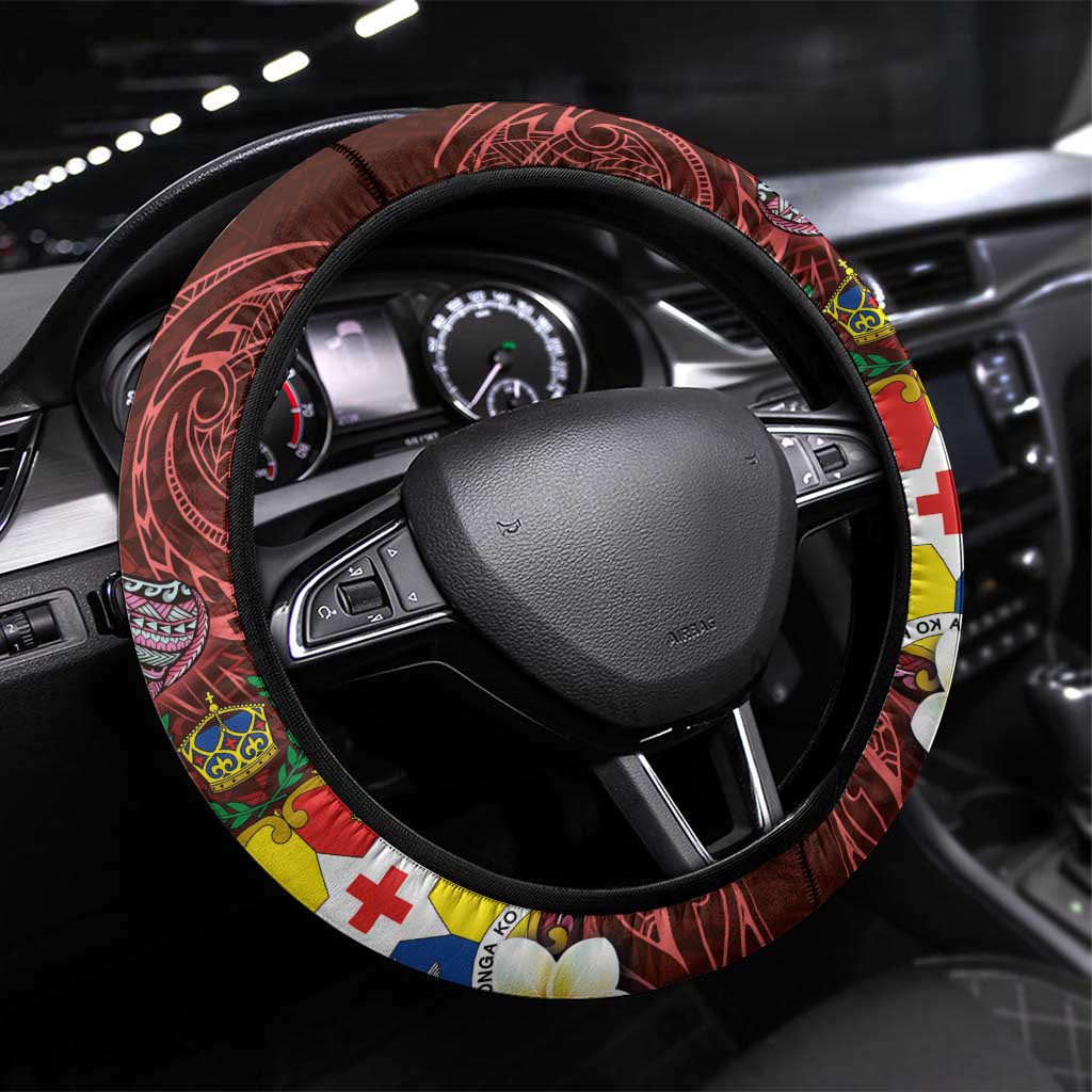 Tonga Humpback Whale Steering Wheel Cover National Seal with Hibiscus and Polynesian Tattoo LT03 Universal Fit Red - Polynesian Pride