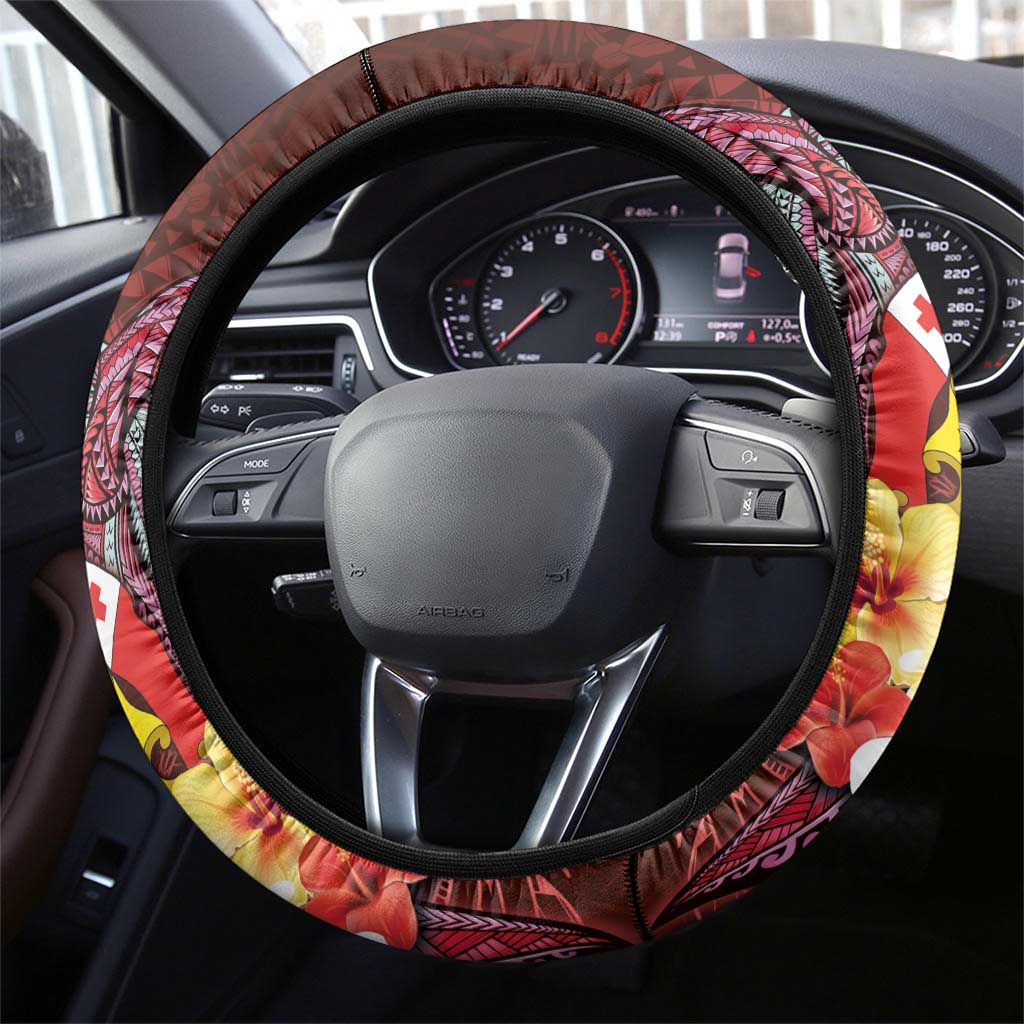 Tonga Humpback Whale Steering Wheel Cover National Seal with Hibiscus and Polynesian Tattoo LT03 - Polynesian Pride
