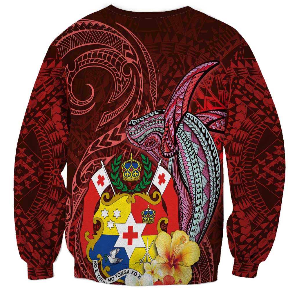 Tonga Humpback Whale Sweatshirt National Seal with Hibiscus and Polynesian Tattoo LT03 - Polynesian Pride