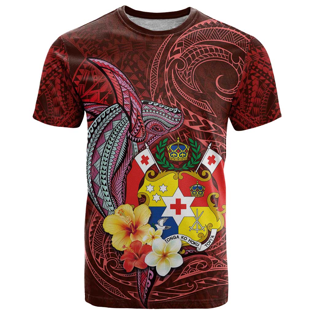 Tonga Humpback Whale T Shirt National Seal with Hibiscus and Polynesian Tattoo LT03 Red - Polynesian Pride