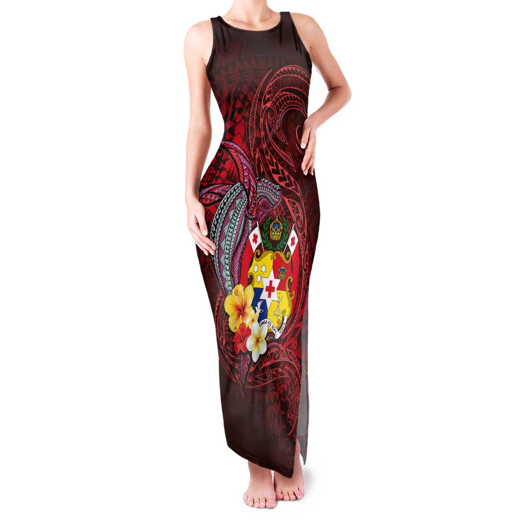 Tonga Humpback Whale Tank Maxi Dress National Seal with Hibiscus and Polynesian Tattoo LT03 Women Red - Polynesian Pride