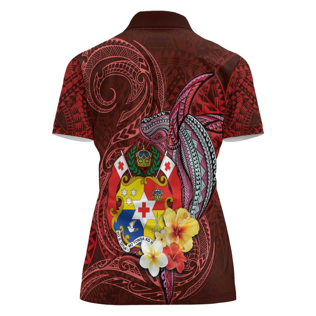 Tonga Humpback Whale Women Polo Shirt National Seal with Hibiscus and Polynesian Tattoo
