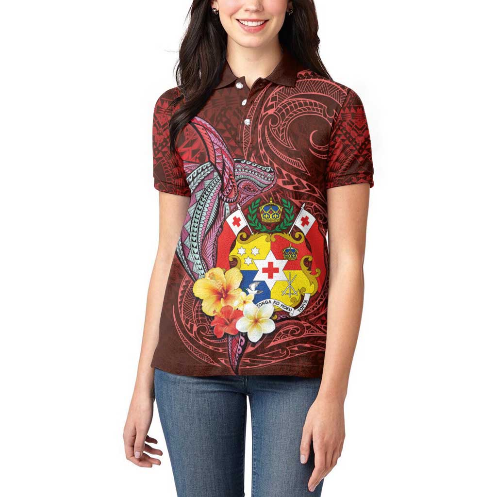 Tonga Humpback Whale Women Polo Shirt National Seal with Hibiscus and Polynesian Tattoo