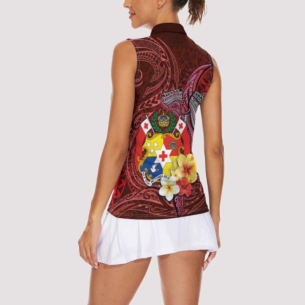 Tonga Humpback Whale Women Sleeveless Polo Shirt National Seal with Hibiscus and Polynesian Tattoo