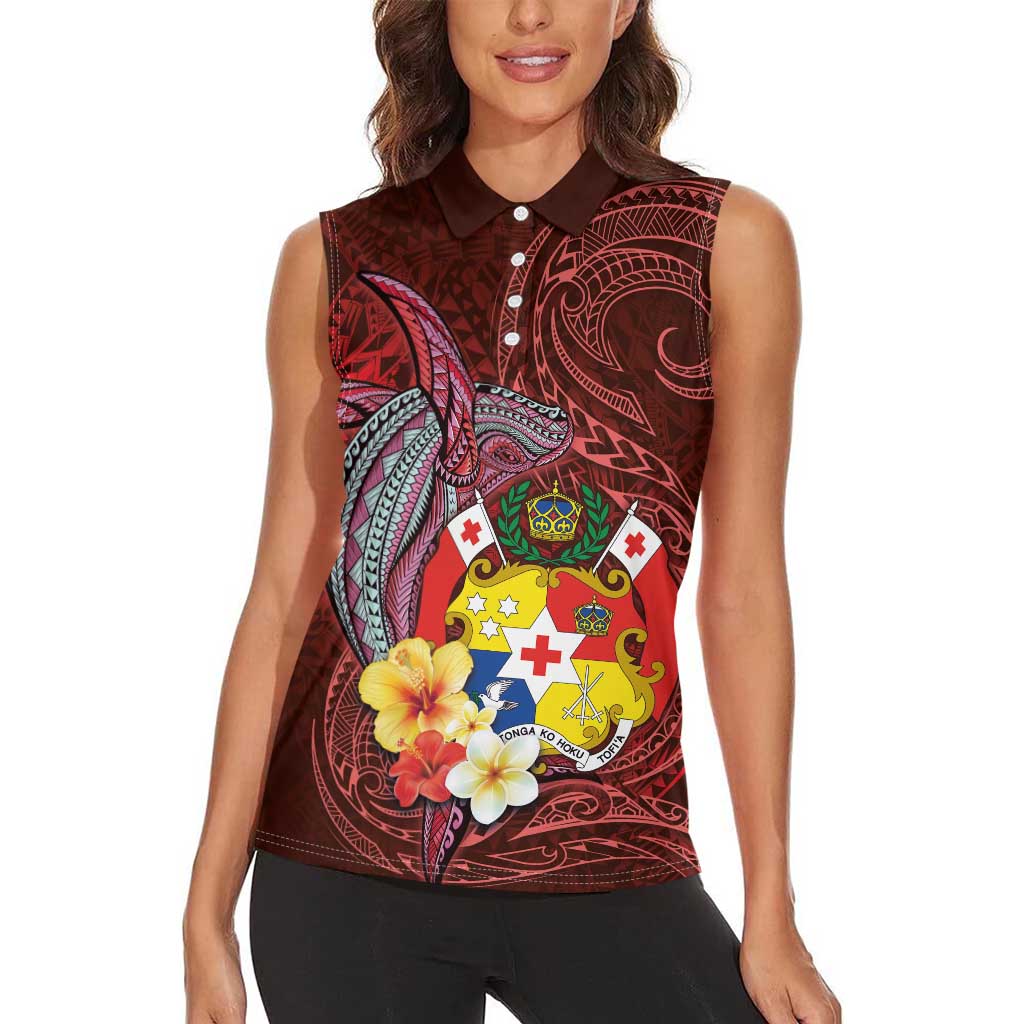 Tonga Humpback Whale Women Sleeveless Polo Shirt National Seal with Hibiscus and Polynesian Tattoo