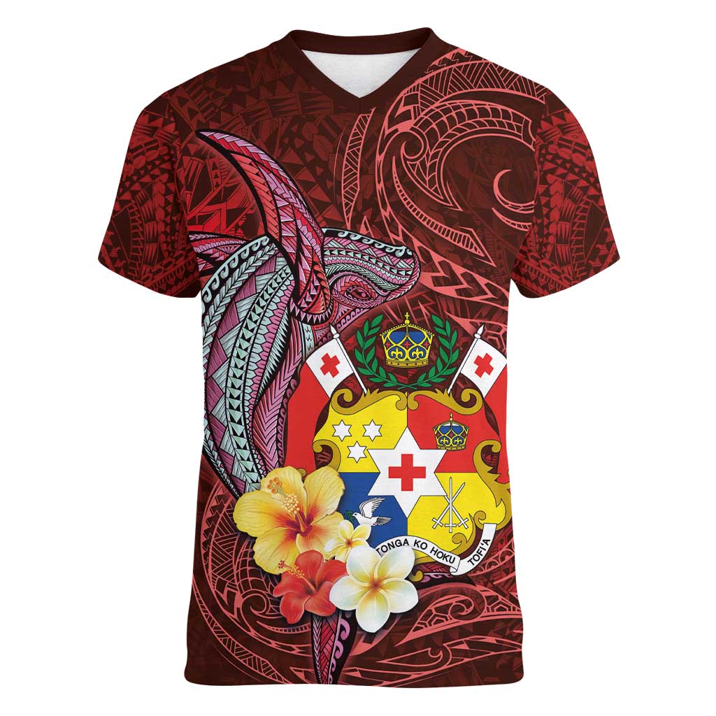 Tonga Humpback Whale Women V-Neck T-Shirt National Seal with Hibiscus and Polynesian Tattoo