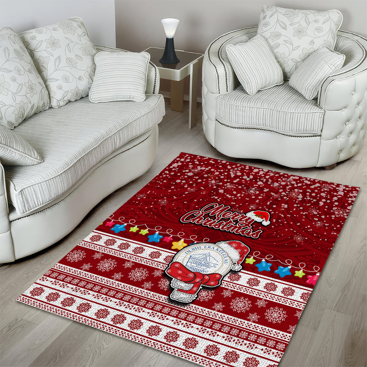 Palau Christmas Area Rug Snowman and Palau Coat of Arms Maori Tribal Xmas Style LT03 - Polynesian Pride