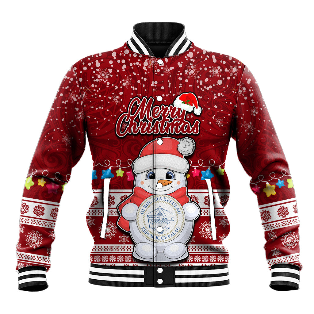 Palau Christmas Baseball Jacket Snowman and Palau Coat of Arms Maori Tribal Xmas Style LT03 Unisex Red - Polynesian Pride
