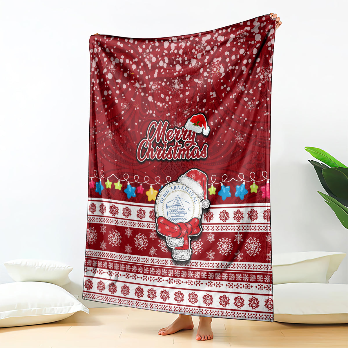 Palau Christmas Blanket Snowman and Palau Coat of Arms Maori Tribal Xmas Style LT03 Red - Polynesian Pride